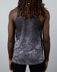 Gray tank top featuring black outlined hibiscus flower pattern designed for casual summer wear