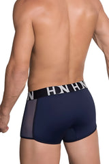 Navy blue Hidden 964 mesh side trunks boxer briefs with black waistband and white hn lettering in sheer mesh panels