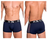 Navy blue hidden 964 mesh side trunks with black elastic waistband featuring white hn logo and breathable mesh panels