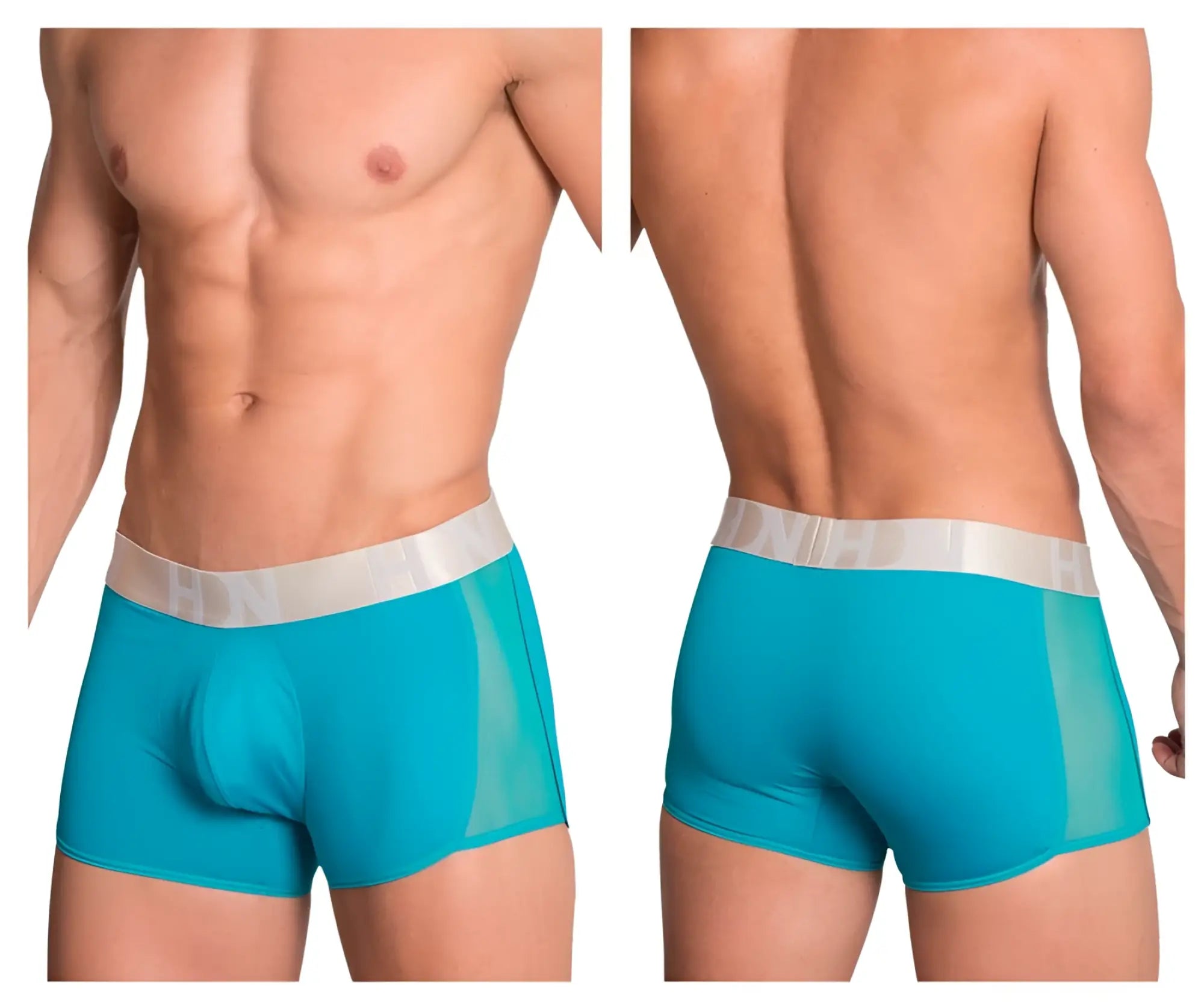 Turquoise hidden 964 mesh side trunks with translucent mesh panel and white elastic waistband in jade color