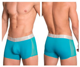 Turquoise hidden 964 mesh side trunks with translucent mesh panel and white elastic waistband in jade color