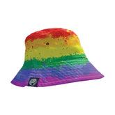 High tide pride bucket hat rainbow colored quilted fabric textured with small black logo patch on side