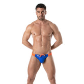 Blue and orange holidays swim bikini trunks with drawstring waistband for beach and pool use