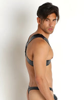 Black leather hologram harness lingerie with adjustable straps and snug fit for stylish intimate wear