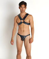 Black sequined harness-style bodysuit with starry glittery pattern called hologram harness