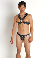 Black sequined harness-style bodysuit with starry glittery pattern called hologram harness