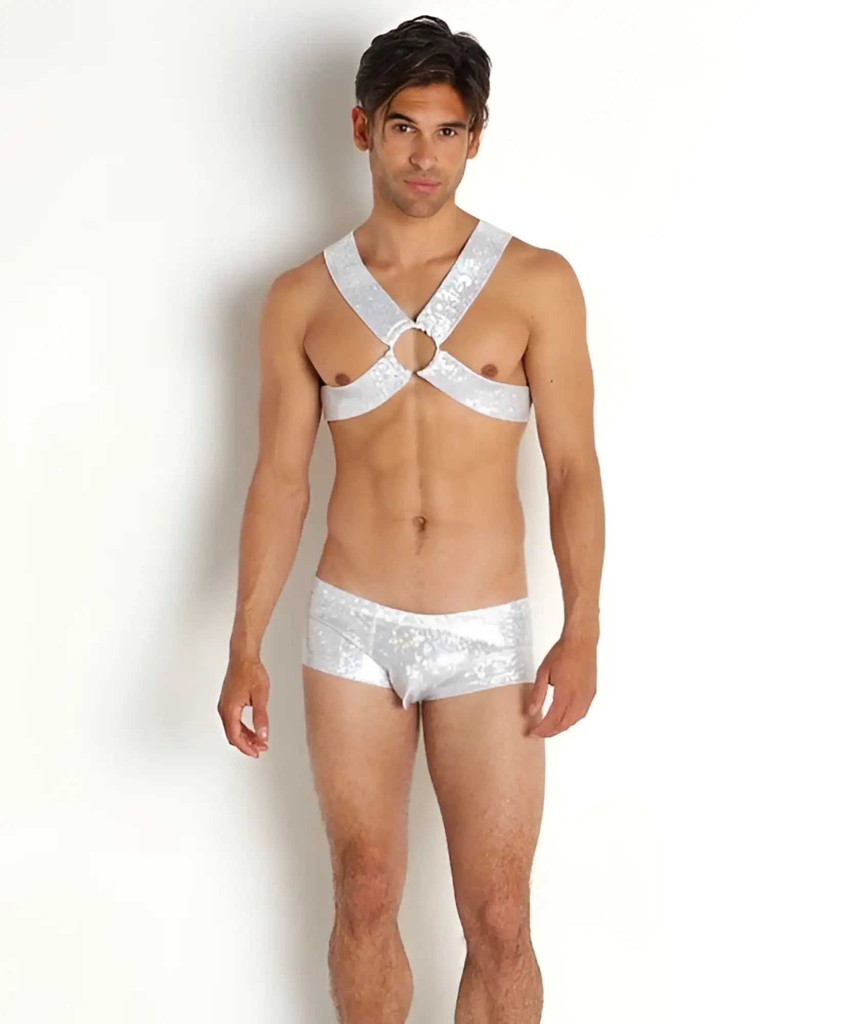 Silver sequined hologram harness top and matching briefs featuring a shiny metallic finish for bold fashion statements