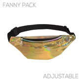 Holographic gold fanny pack with black adjustable strap shown front view in five color options available