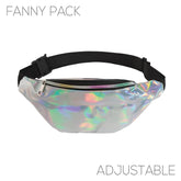 Holographic iridescent fanny pack with black adjustable strap showing front view in five available colors