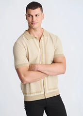 Beige honeycomb textured button front knit shirt with subtle vertical stripes and ribbed cuffs in knit fabric