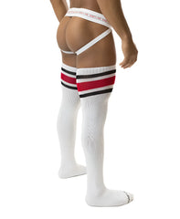 White hookd up thigh high socks with bold red and black stripes and nasty go branded white waistband