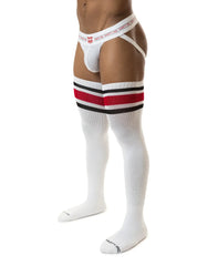 White thigh high HOOK’D UP socks with red and black striped mesh design and branded waistband