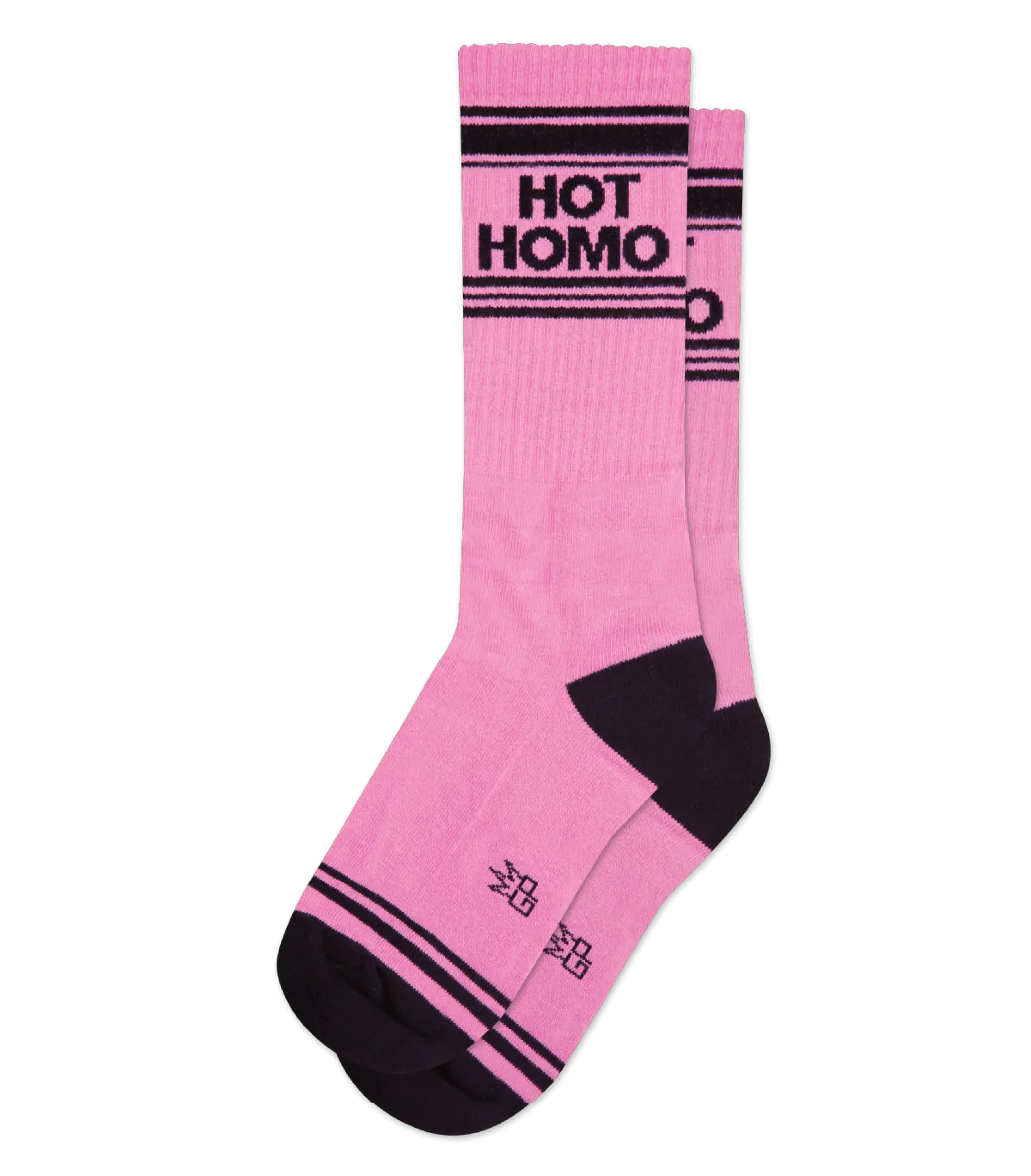 Hot homo crew socks in pink with black stripes ribbed texture and reinforced heel and toe for comfort and style