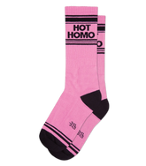 Hot homo crew socks in pink with black stripes ribbed texture and reinforced heel and toe for comfort and style