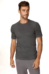 Hybrid crew neck raglan tee in dark heather gray with short sleeves and charcoal raglan detailing for casual wear