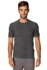 Men’s dark gray heathered hybrid crew neck raglan short-sleeve athletic tee ideal for active wear