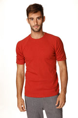 Red short-sleeved hybrid crew neck raglan tee in cinnabar red with comfortable soft fabric for casual wear
