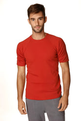 Red short-sleeved hybrid crew neck raglan tee in cinnabar red with comfortable soft fabric for casual wear