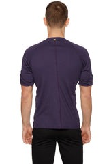 Hybrid crew neck raglan tee in dark purple with short sleeves ribbed crew neck and subtle seam detailing