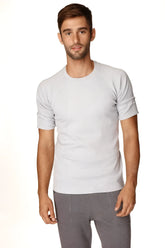 Light gray heathered cotton hybrid crew neck raglan tee with rolled-up sleeves for casual wear