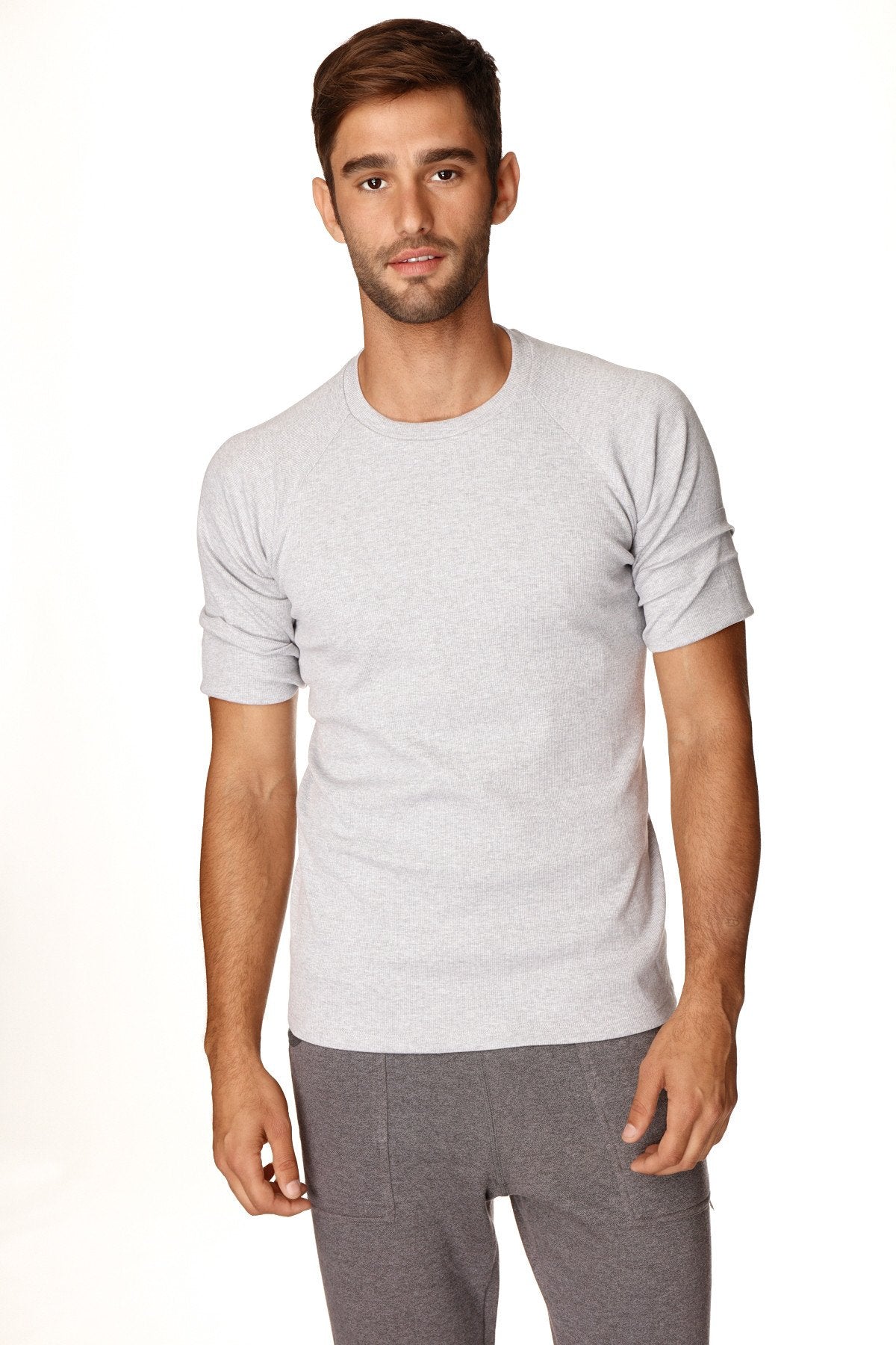 Light gray heathered cotton hybrid crew neck raglan tee with rolled-up sleeves for casual wear