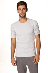 Light gray heathered cotton hybrid crew neck raglan tee with rolled-up sleeves for casual wear
