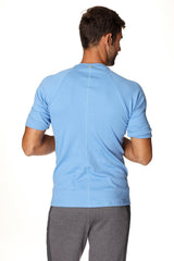 Light blue hybrid crew neck raglan tee with short sleeves and a subtle vertical seam on the back side