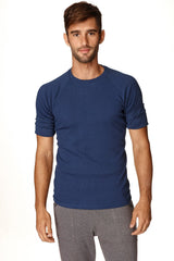 Navy blue short-sleeved hybrid crew neck raglan tee made of soft fabric perfect for casual wear