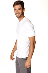 White hybrid crew neck raglan tee with short sleeves made from soft breathable cotton blend