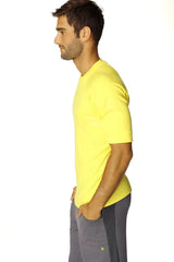 Bright yellow hybrid crew neck raglan tee with short sleeves made from soft breathable material for casual wear