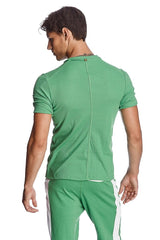 Back view of a hybrid v-neck short sleeve bamboo green t-shirt with textured fabric and a central back zipper