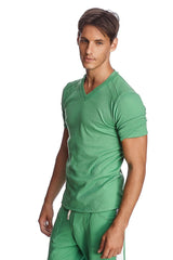 A sleek solid bamboo green hybrid v-neck t-shirt with ribbed texture and subtle seam detailing in short sleeves