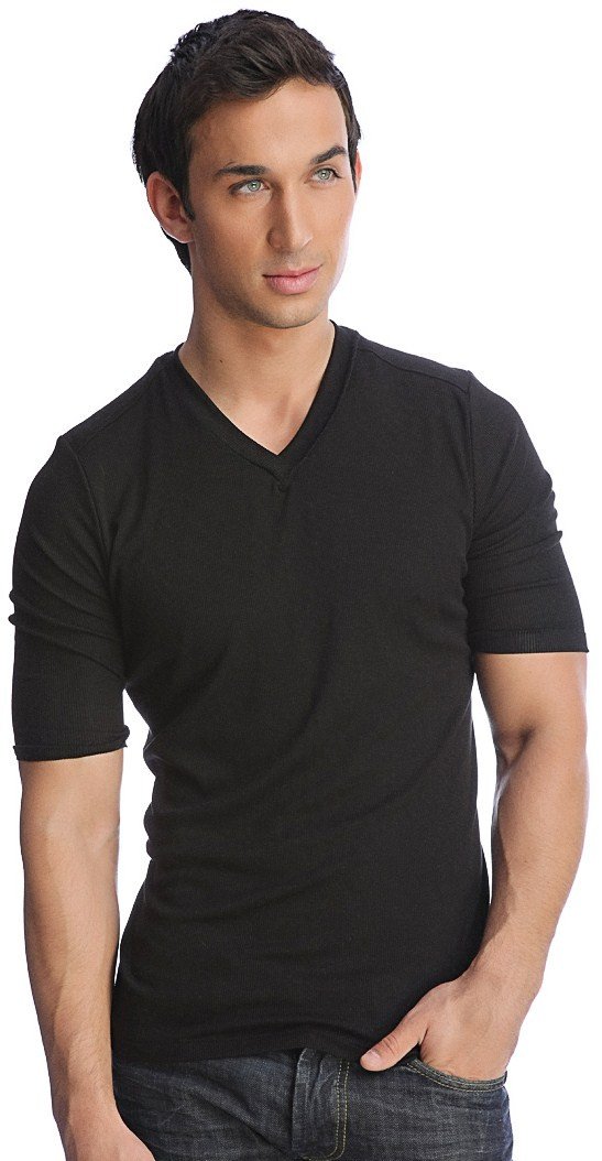 Black hybrid v-neck short sleeve cotton tee showcasing a casual and breathable design for everyday wear
