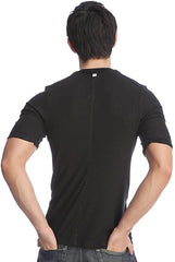 Black short-sleeved hybrid v-neck t-shirt showing back with central zipper detail for casual wear