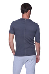 Dark gray textured short-sleeve hybrid v-neck t-shirt showing back with subtle vertical seam in charcoal color