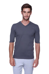 Dark gray textured hybrid v-neck short-sleeved shirt in charcoal fabric for casual wear