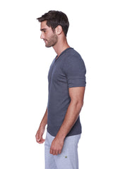 Dark gray textured short-sleeved v-neck t-shirt hybrid v-neck charcoal with soft breathable fabric for casual wear