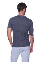 Dark gray textured short-sleeve hybrid v-neck t-shirt showing back with subtle vertical seam in charcoal color