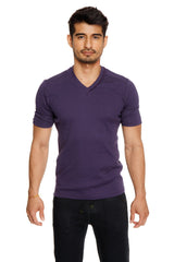 Purple short-sleeved cotton hybrid v-neck t-shirt in eggplant purple with a comfortable casual fit