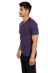 Hybrid v-neck eggplant purple short-sleeved t-shirt made from soft breathable fabric ideal for casual wear