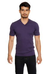 Purple short-sleeved cotton hybrid v-neck t-shirt in eggplant purple with a comfortable casual fit