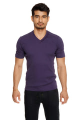 Purple short-sleeved cotton hybrid v-neck t-shirt in eggplant purple with a comfortable casual fit