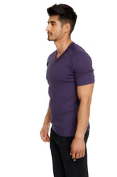 Hybrid v-neck eggplant purple short-sleeved t-shirt made from soft breathable fabric ideal for casual wear