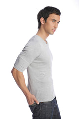 A light gray heather cotton hybrid v neck t shirt with three quarter sleeves and a comfortable fit