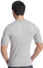 Gray heathered short-sleeved men’s hybrid v-neck tee with rolled cuffs and subtle back seam detail shown from the back