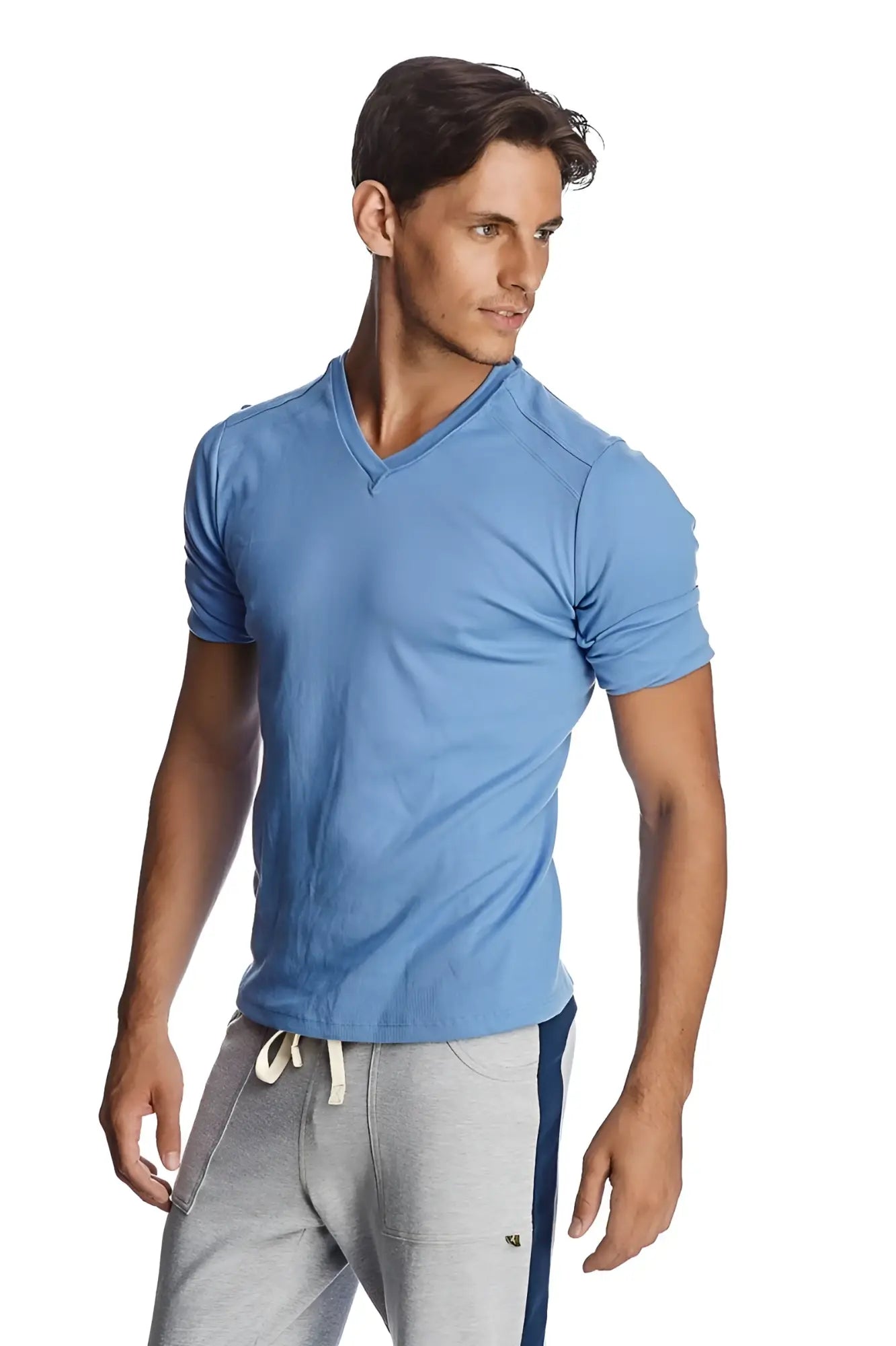 Light blue ribbed short sleeve hybrid v neck t shirt made from soft breathable fabric ideal for casual wear