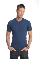 Navy blue short-sleeved hybrid v-neck cotton t-shirt for casual wear front view