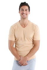 Beige v-neck short-sleeved cotton t-shirt hybrid v-neck sand beige for casual wear
