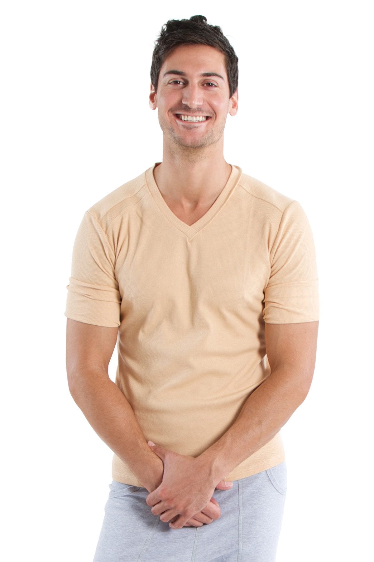 Beige v-neck short-sleeved cotton t-shirt hybrid v-neck sand beige for casual wear