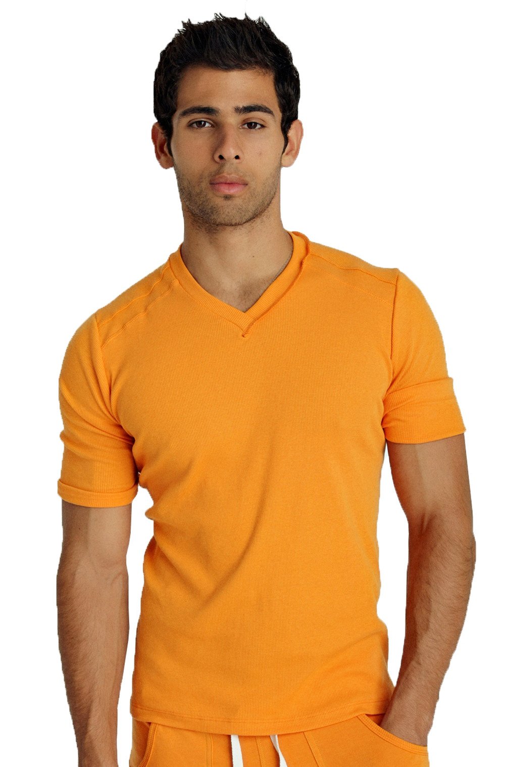 Orange short-sleeved hybrid v-neck t-shirt in sun orange with ribbed texture for casual wear
